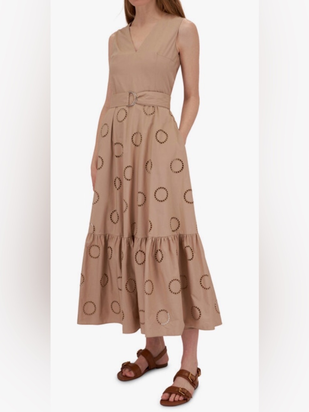 Akris Beige Cotton Eyelet Embroidered Midi Dress with Belt